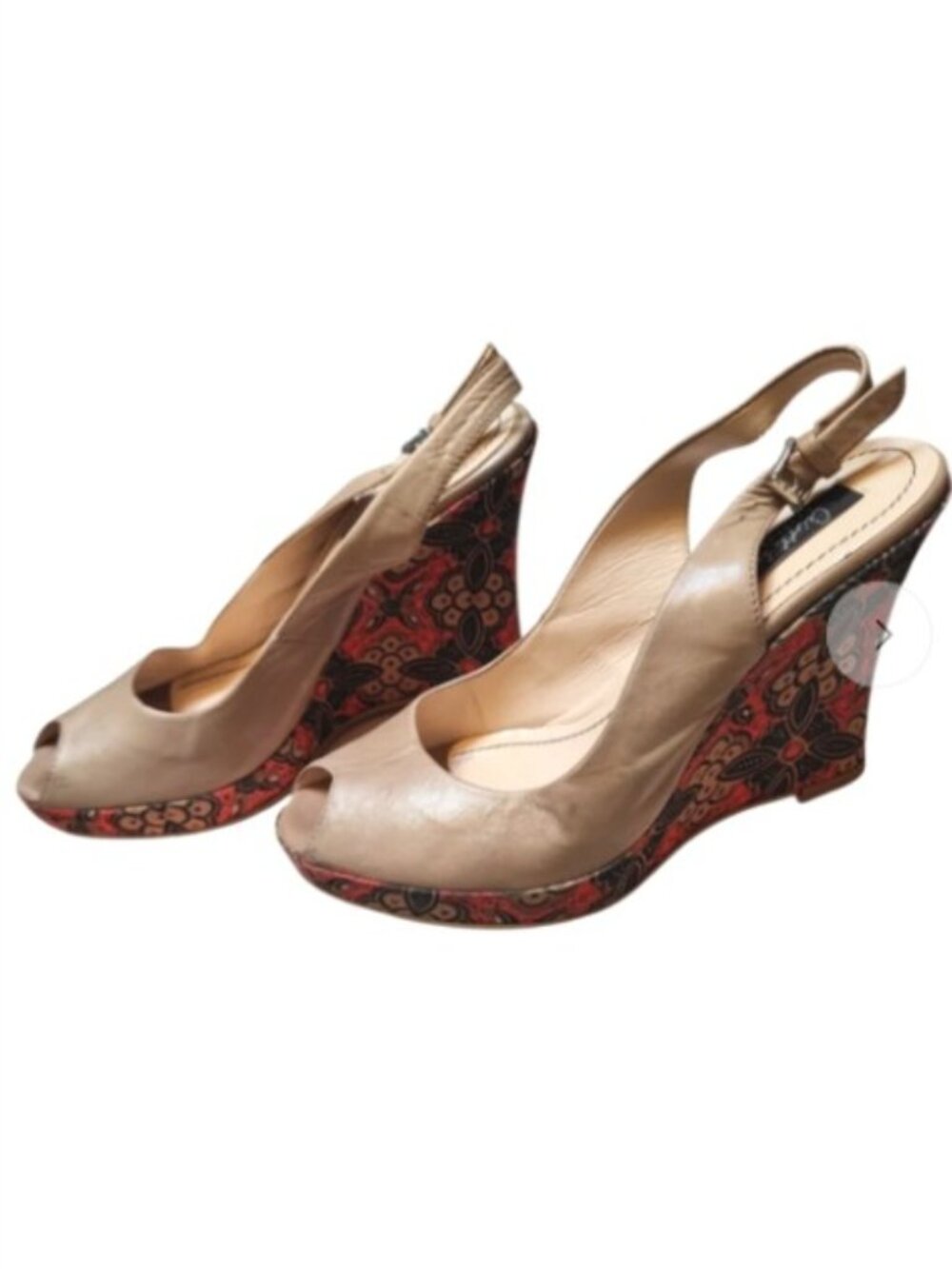 Rare Cristhelen B. Tan Leather Peep Toe Wedge Sandals Floral Heel - Sz 37 (US 7)